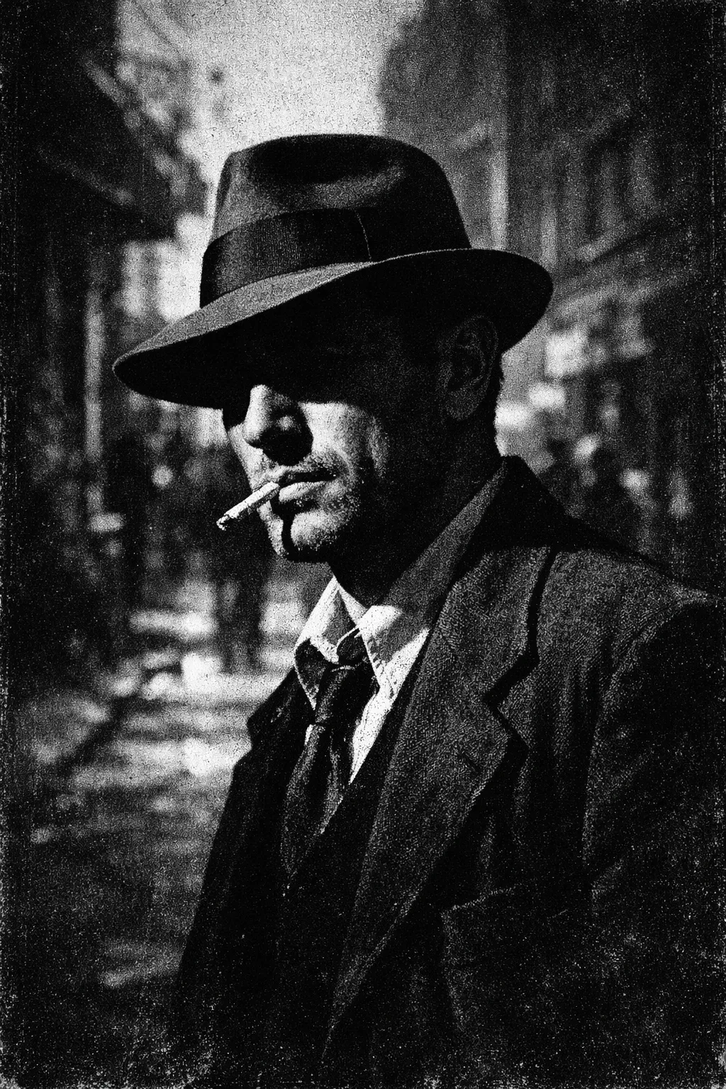 High-contrast black and white street portrait, a man in a fedora lit by hard side light, dramatic film-noir shadows, grainy analog texture, timeless documentary photography