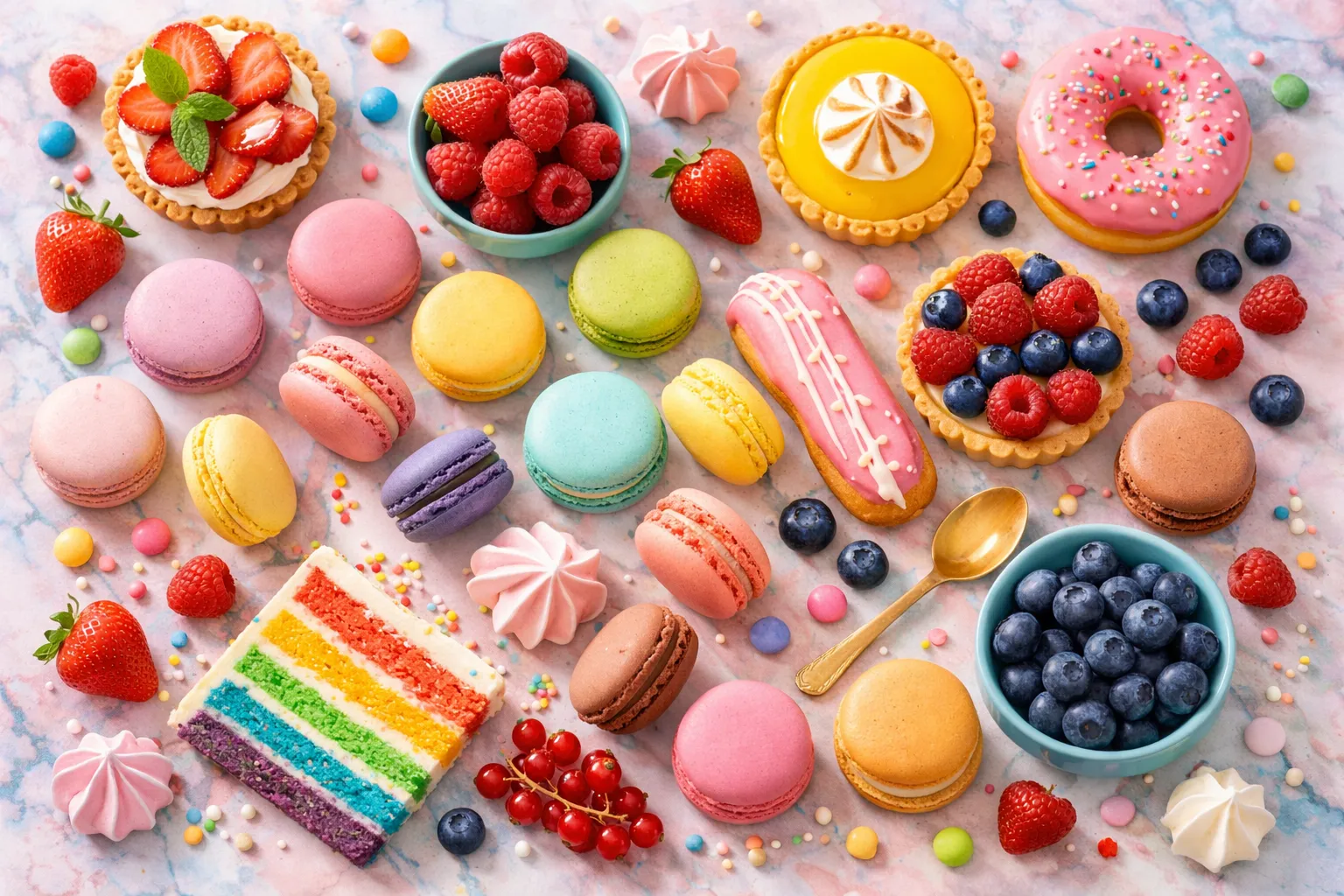 Colorful dessert flat-lay from above, assorted macarons, berries and pastries on a pastel marble table, bright airy natural light, vibrant playful palette, top-down food styling