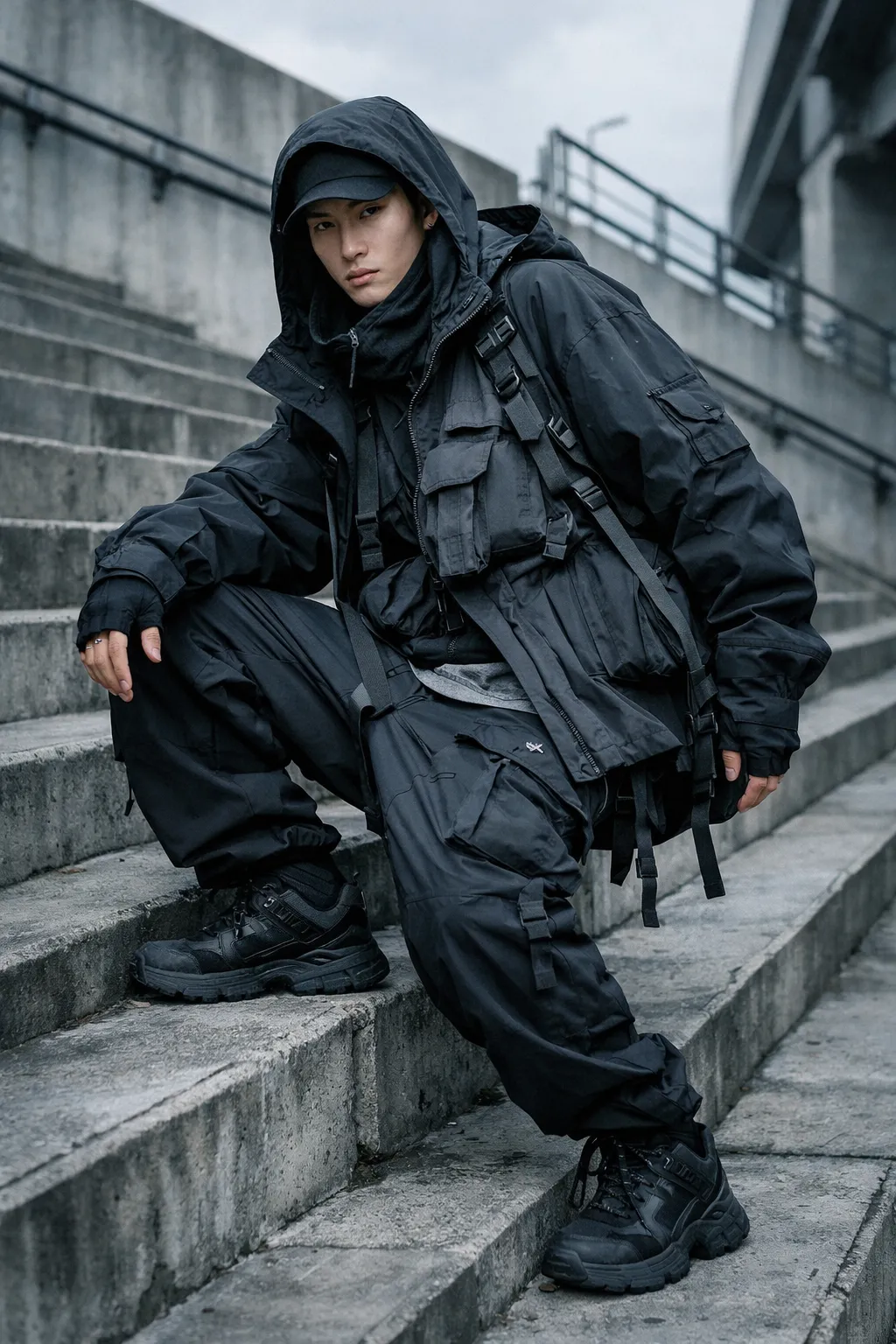 Urban streetwear editorial, model in oversized layered techwear posing on concrete stairs, cool desaturated tones, full-body dynamic composition, contemporary fashion photography