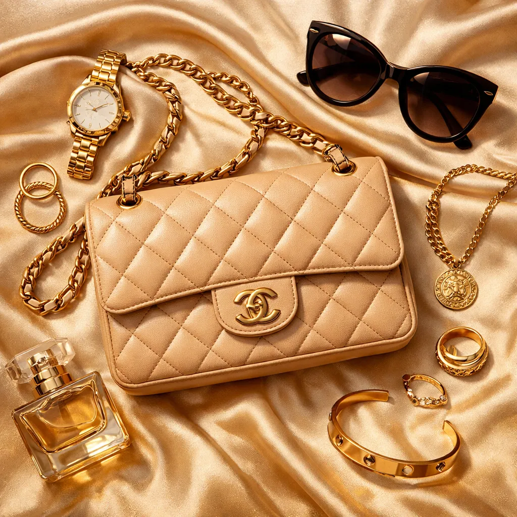 Luxury accessories flat-lay from above, designer handbag, gold jewelry and sunglasses arranged on champagne silk, warm golden tones, elegant top-down product styling