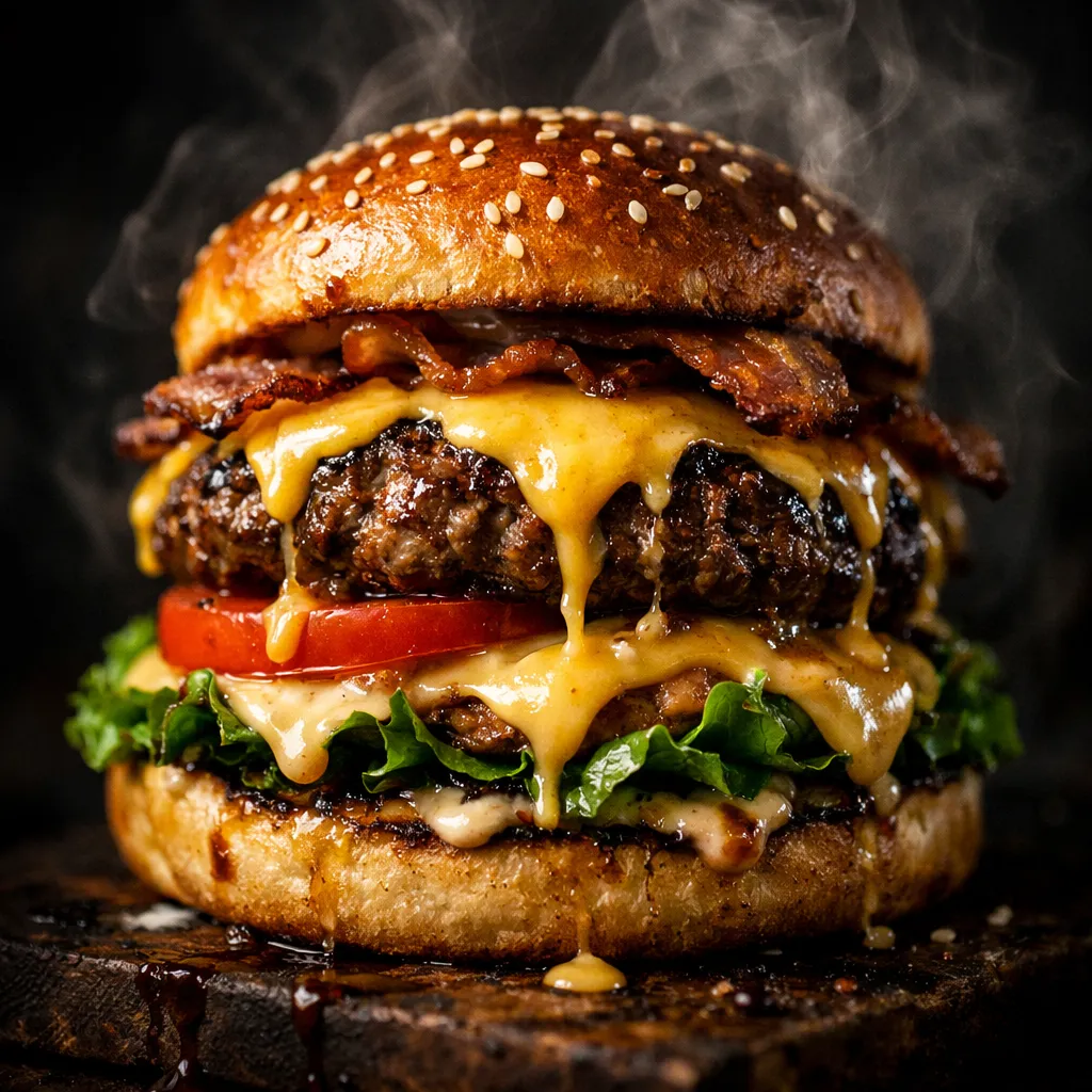 Mouthwatering gourmet stacked burger, melting cheese and juicy patty on toasted sesame bun, dramatic moody dark lighting, rising steam, extreme close-up food photography