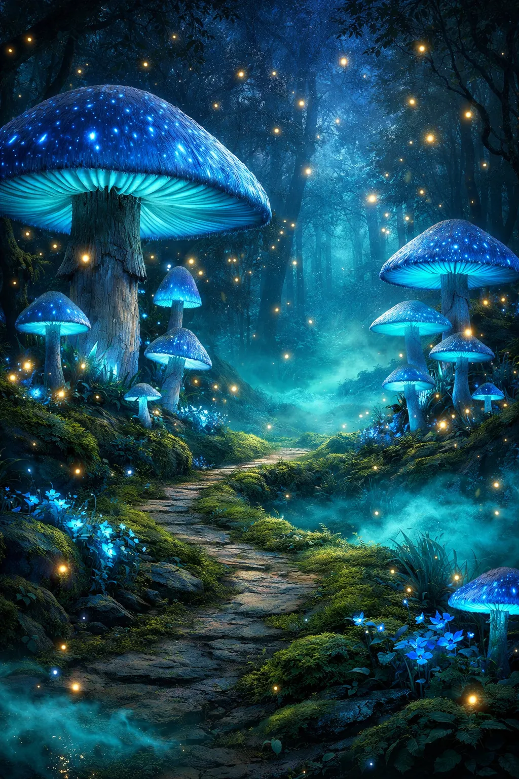 Enchanted nighttime forest with giant bioluminescent mushrooms and drifting fairy lights, glowing turquoise mist, a winding mossy path, magical fantasy concept art, ultra detailed