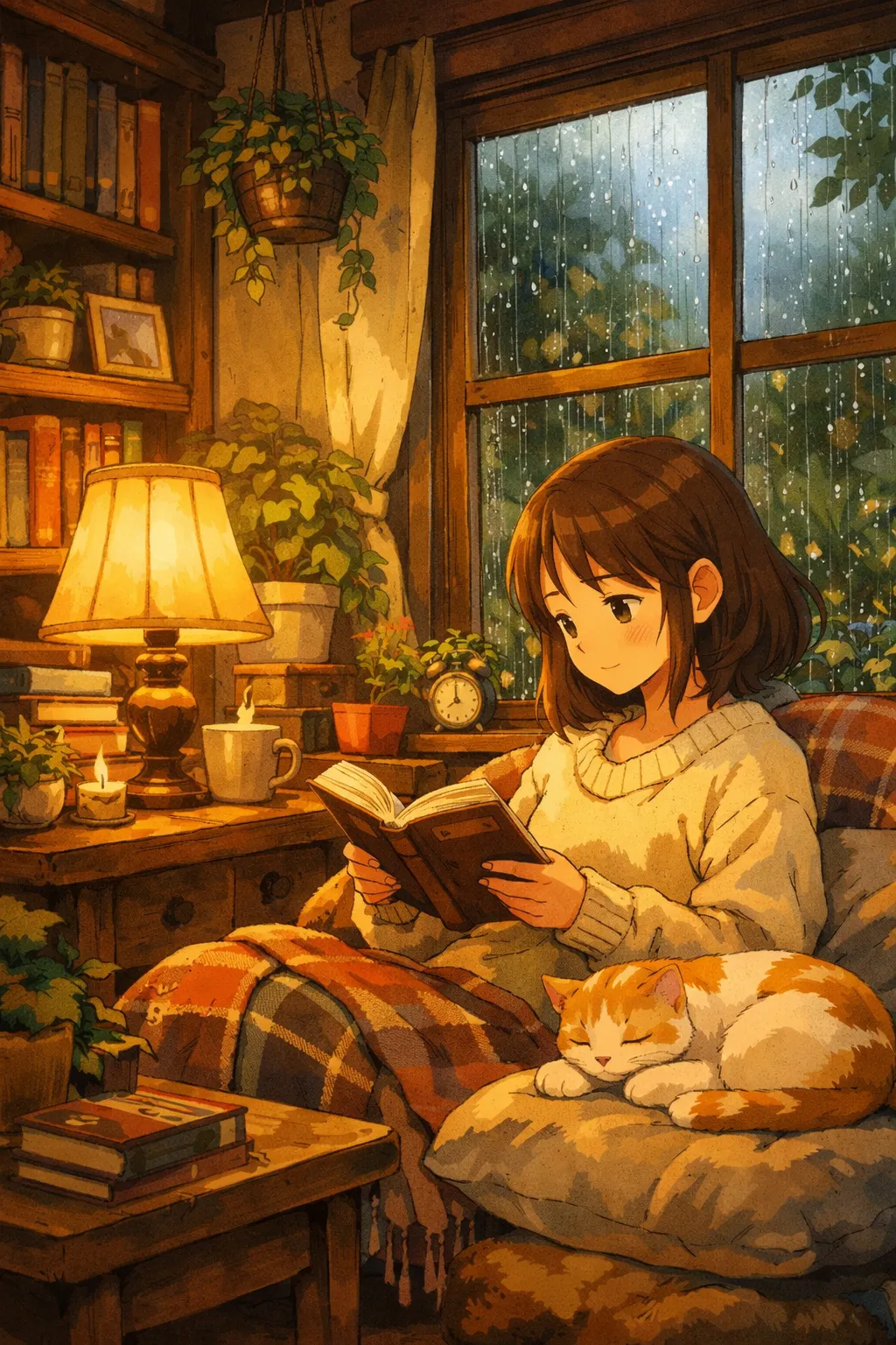 Cozy anime interior, a girl reading with a sleeping cat by a rain-streaked window, warm lamp glow, plants and books, Studio Ghibli warmth, lush detailed background