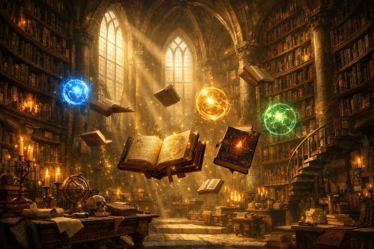 Ancient wizard's library tower interior, floating spellbooks and glowing arcane orbs, towering bookshelves, golden dust light rays through tall windows, epic fantasy matte painting