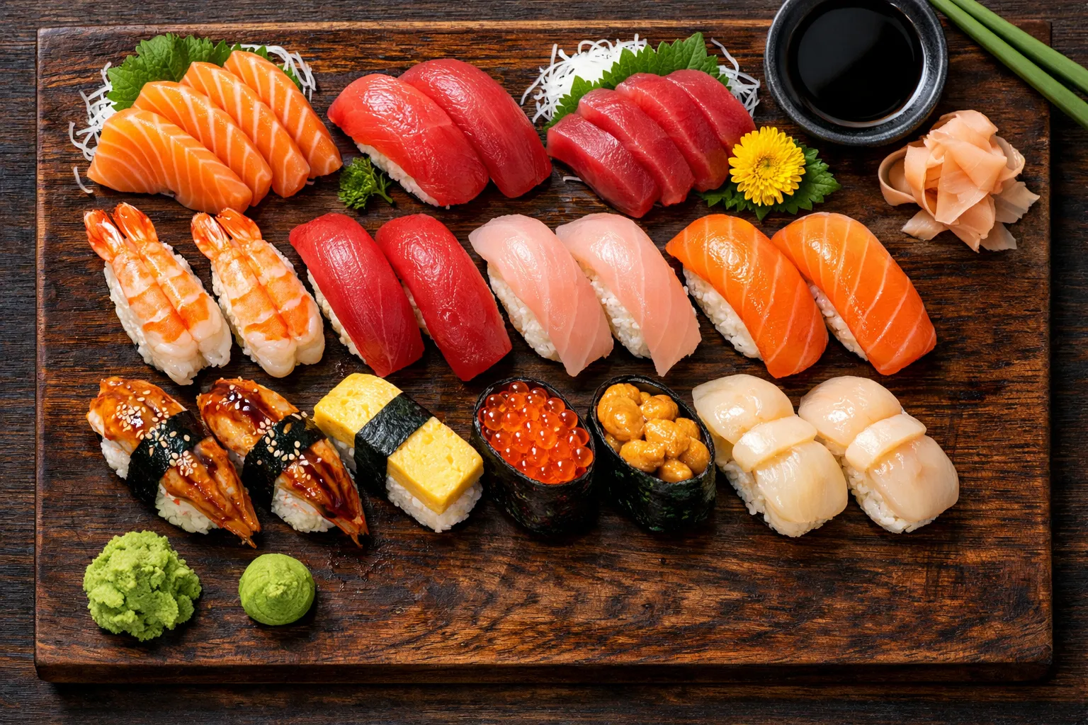 Vibrant fresh sushi platter shot from above, colorful nigiri and sashimi arranged on a dark wooden board, bright clean lighting, glossy detail, appetizing top-down food styling