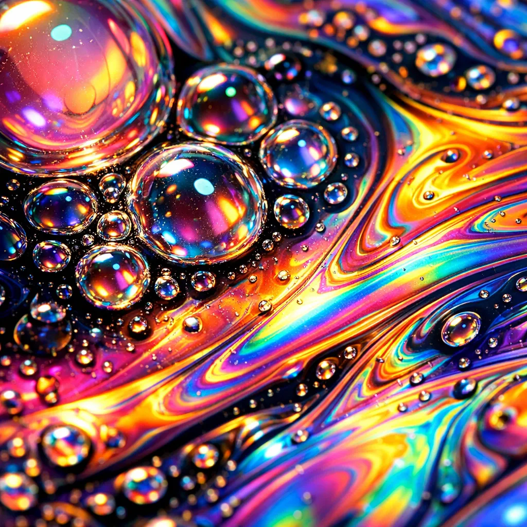 Macro abstract of iridescent oil and soap bubbles, swirling holographic rainbow film textures, glossy organic patterns, mesmerizing close-up, vivid modern art