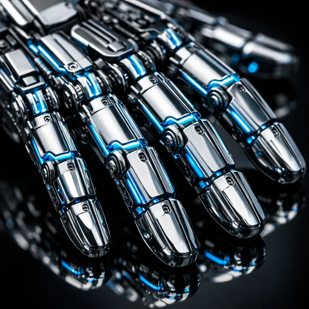 Extreme macro of a cybernetic android hand, chrome fingers with glowing blue circuitry seams, intricate mechanical detail, dark reflective background, sci-fi product render