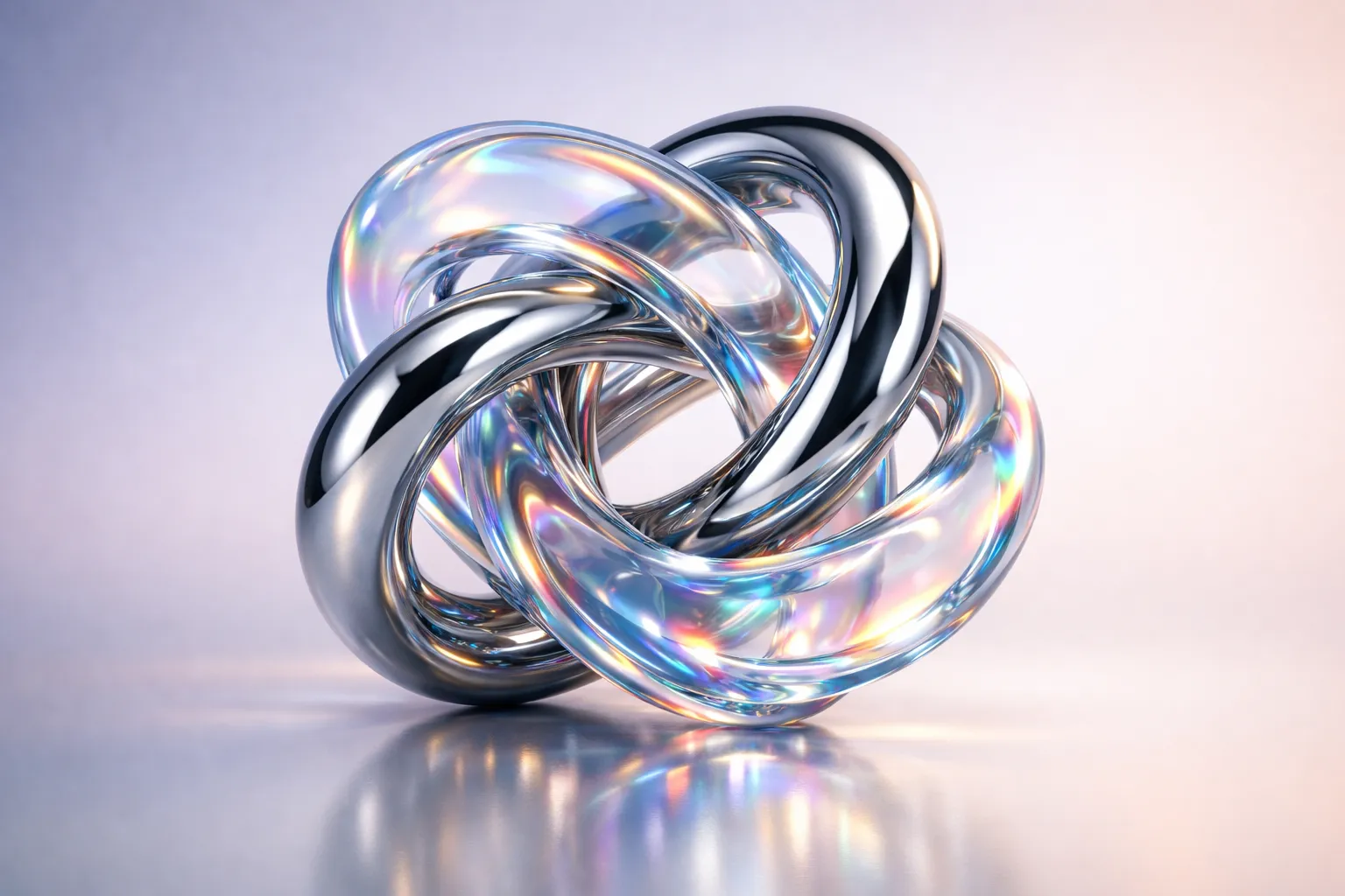 Elegant abstract 3D sculpture of intertwined glass and polished chrome torus shapes, iridescent refractions, soft studio gradient background, subsurface scattering, high-end render