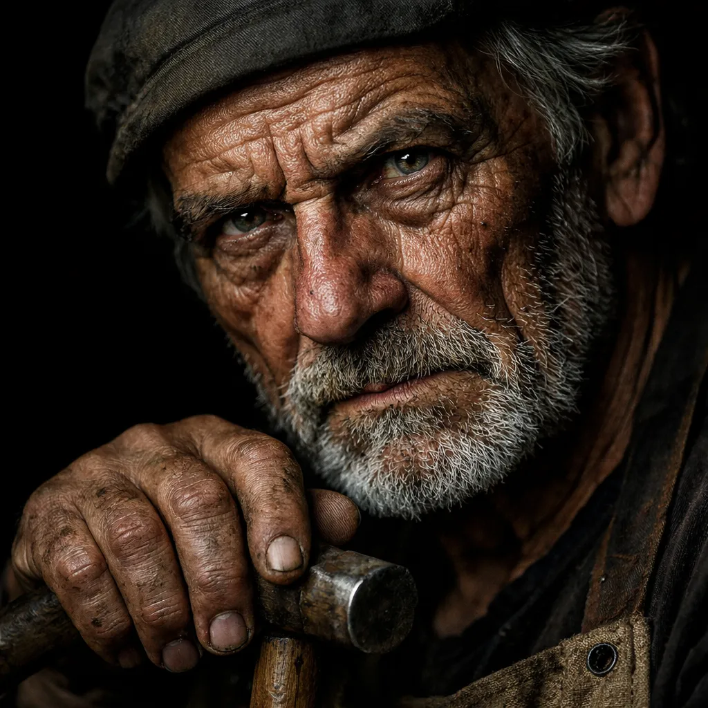 Dramatic character-study portrait of a weathered old craftsman, deep wrinkles and silver stubble, intense gaze, chiaroscuro lighting against pure black background, cinematic detail, 100mm macro