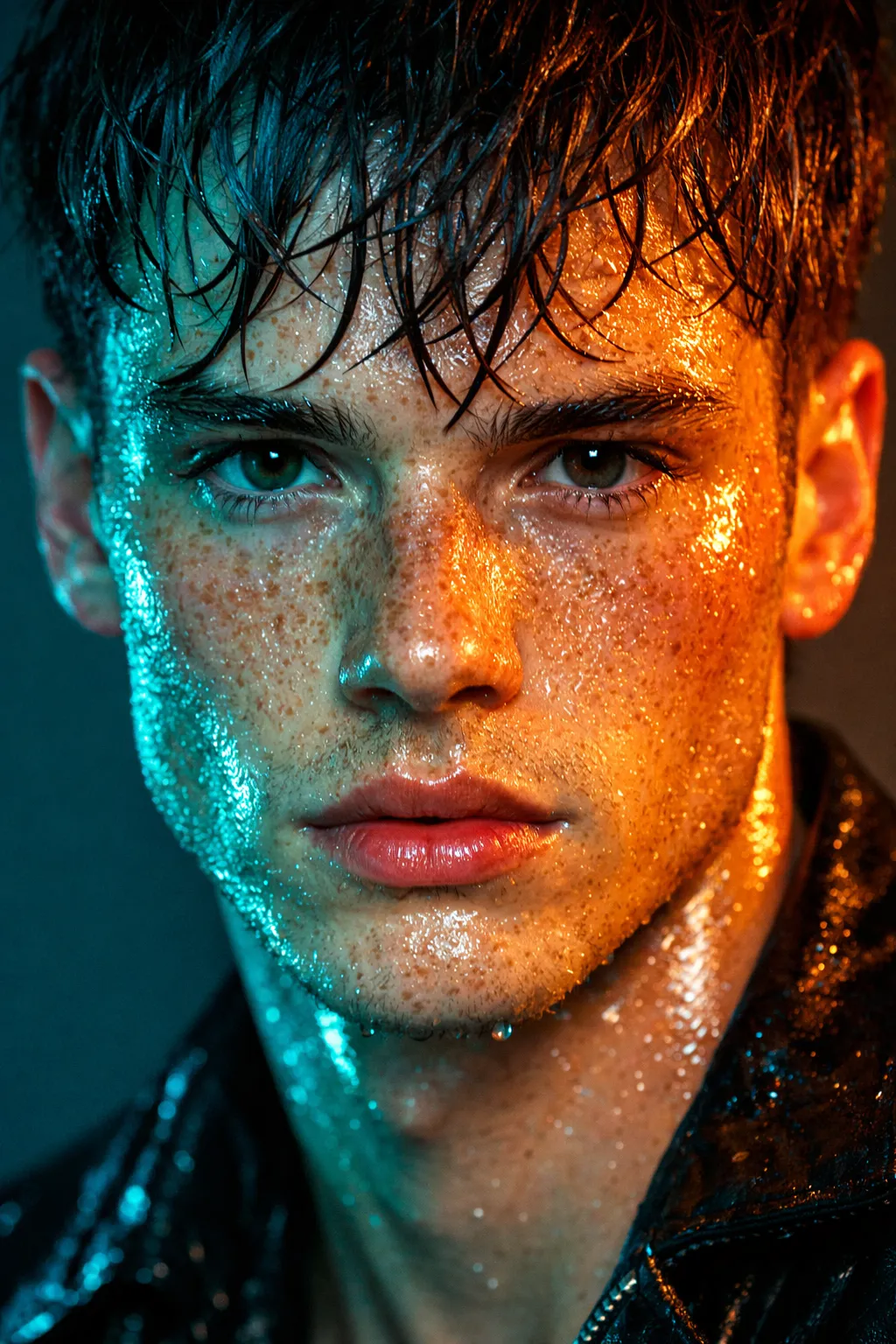 Split-tone neon beauty portrait of a freckled young man, cyan and warm orange gel lighting, wet reflective skin, bold editorial fashion mood, ultra sharp studio close-up